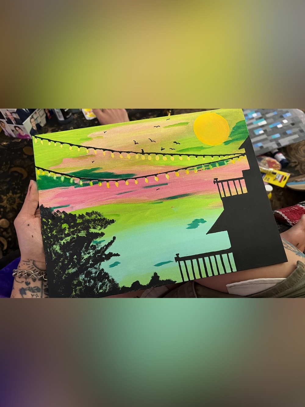 Vibrant Sunset Balcony Canvas Art - Green and Pink Wall Painting